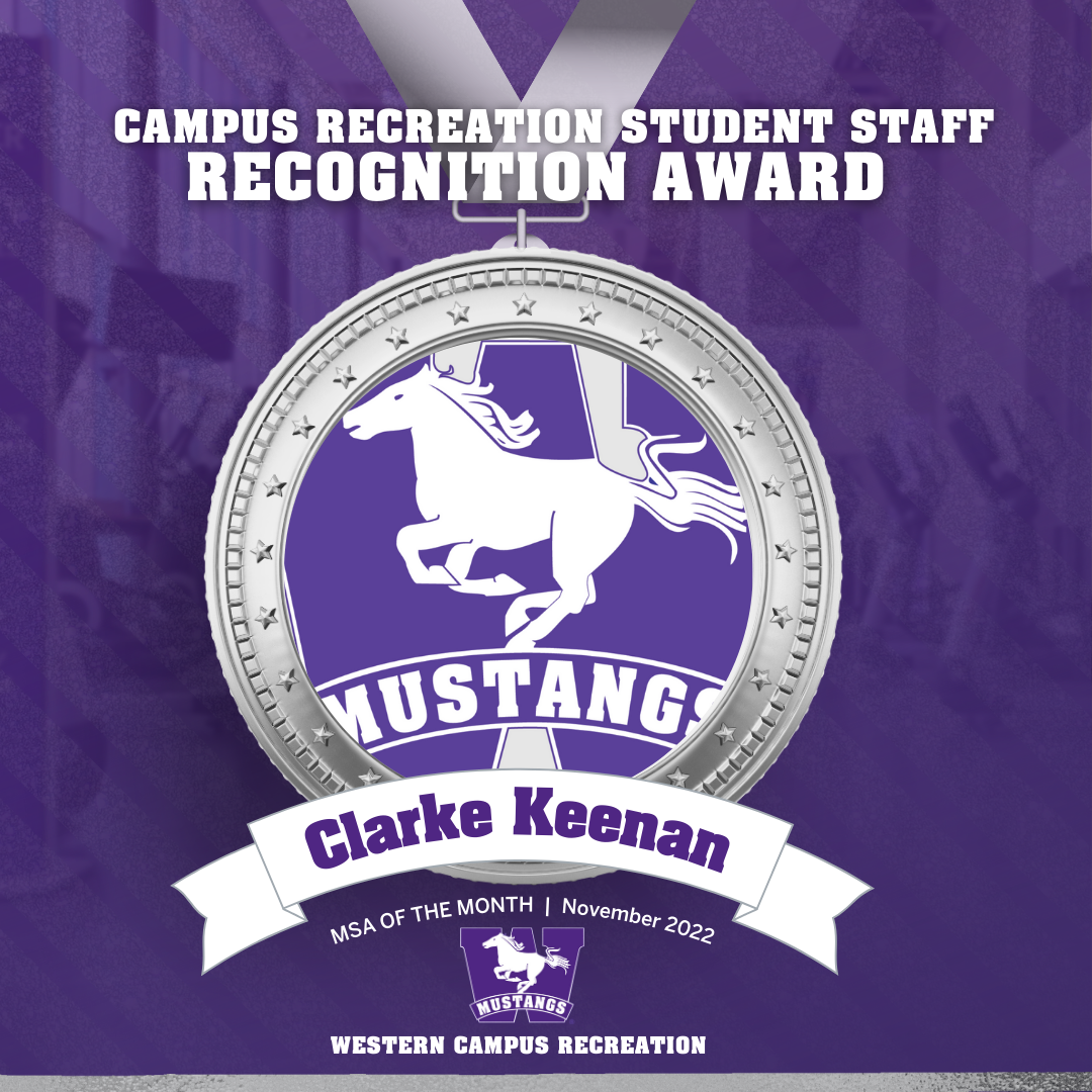 Mustangs logo inside of a silver medal, with a purple background 